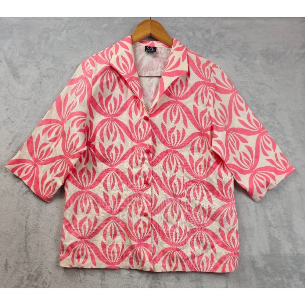 Connie Roberson Jacket Shirt Womens XL Pink White Geometric 100% linen